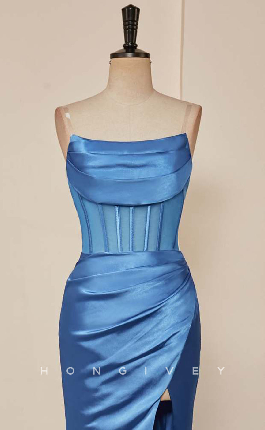 L Sexy Satin Trumpet Bateau Strapless Empire Pleats With Side Slit Train Party Prom Evening Dress