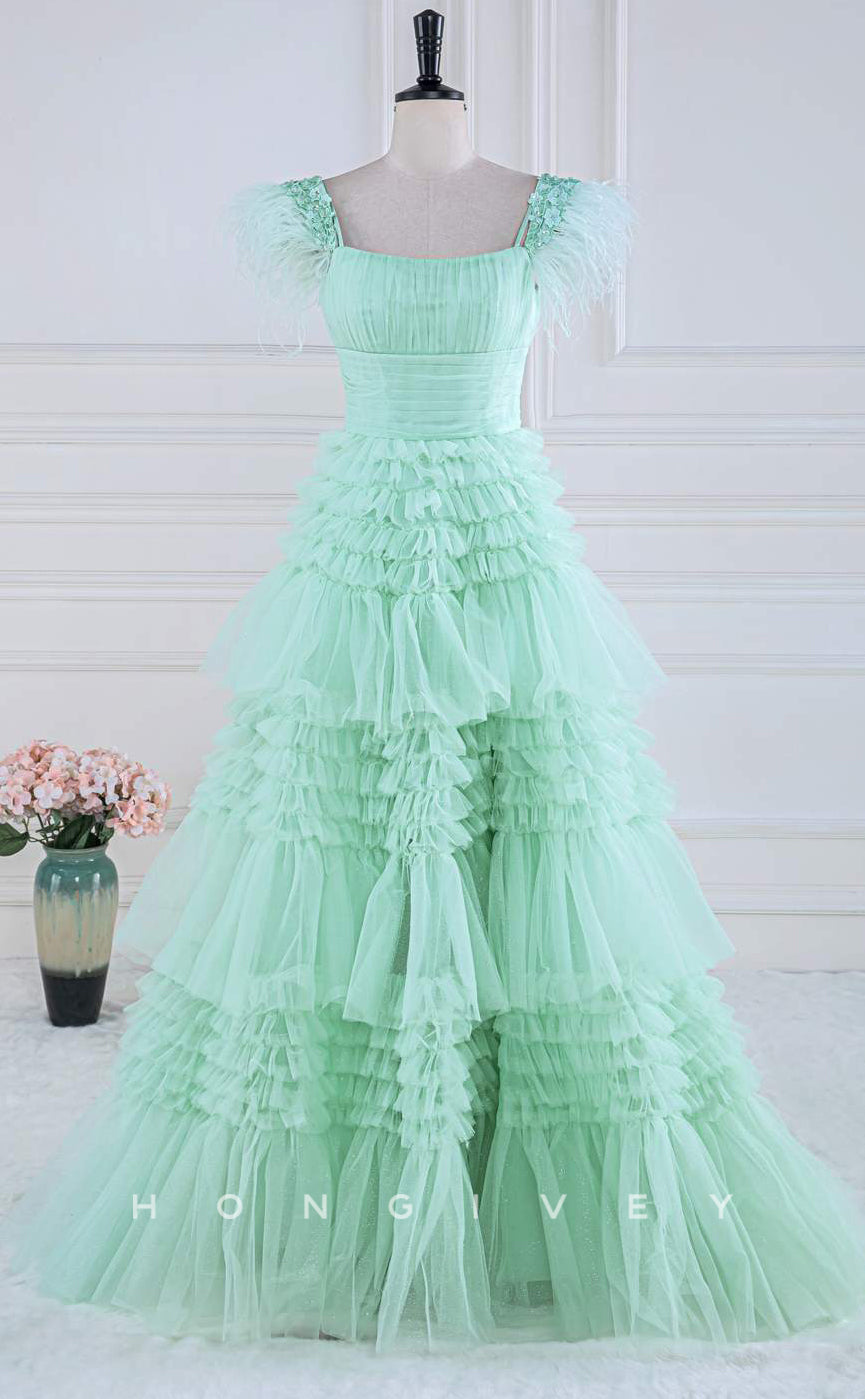 L Sexy Tulle Aline Square Straps Appliques Empire Tiered Party Prom Evening Dress