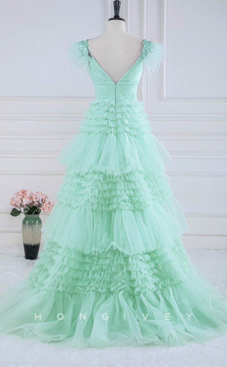 L Sexy Tulle Aline Square Straps Appliques Empire Tiered Party Prom Evening Dress