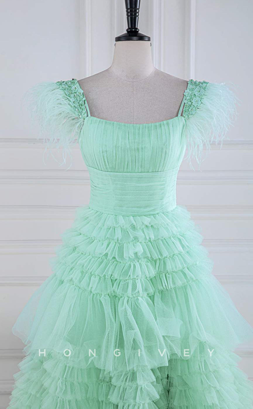 L Sexy Tulle Aline Square Straps Appliques Empire Tiered Party Prom Evening Dress