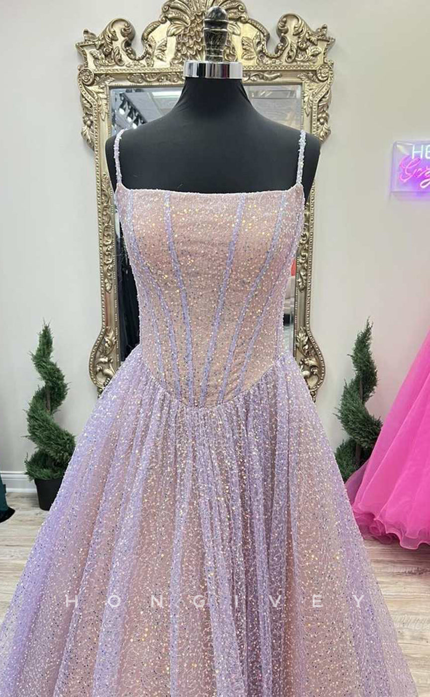 L Sexy Glitter Tulle Aline Square Spaghetti Straps Empire Sequined Party Prom Evening Dress