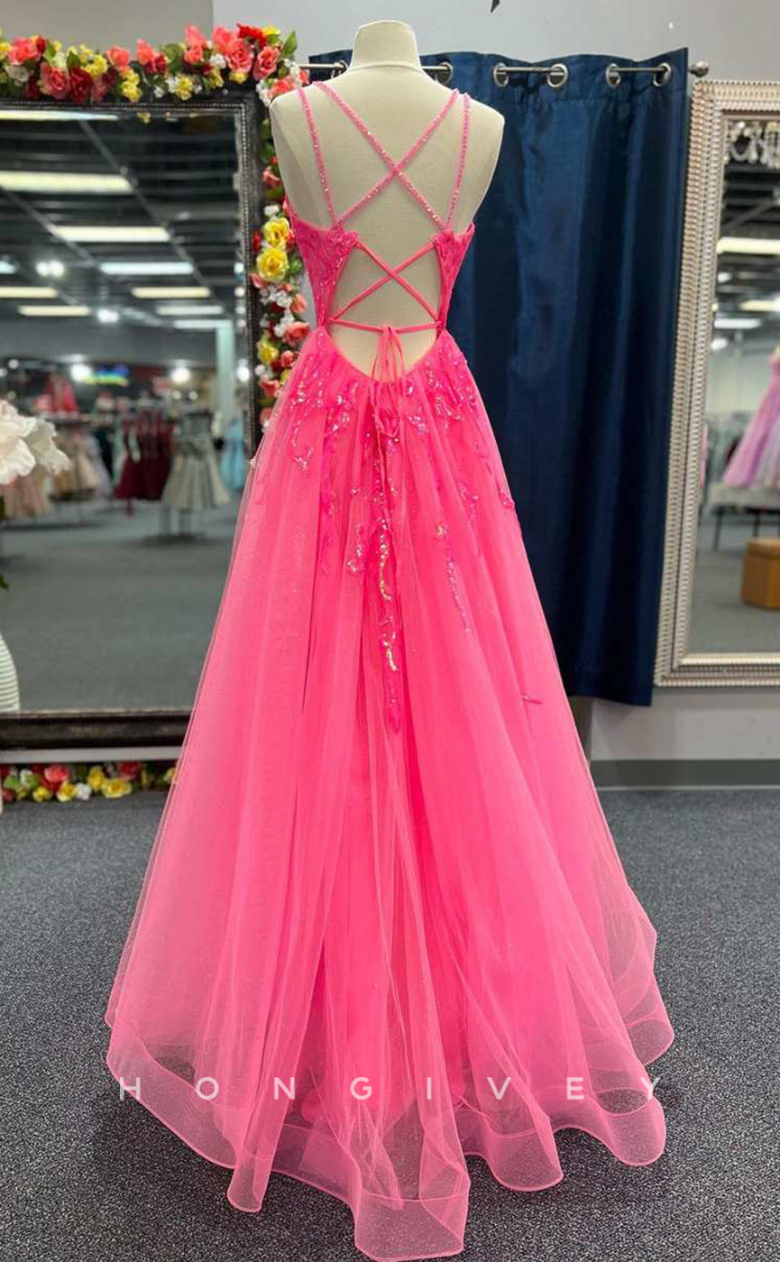 L Sexy Tulle Aline Bateau Spaghetti Straps Empire Appliques Beaded Party Prom Evening Dress