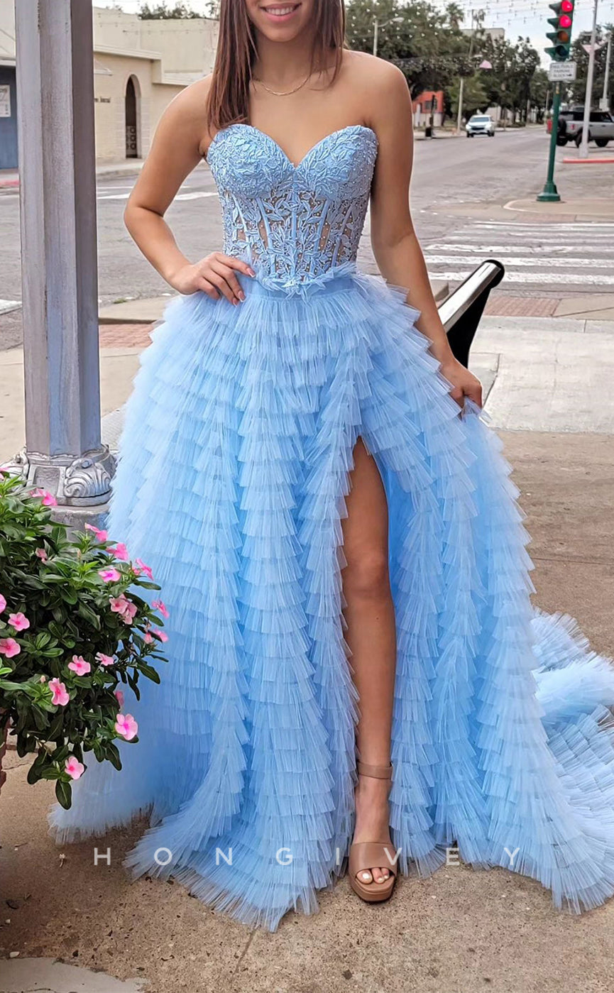 L Sexy Tulle Aline Sweetheart Strapless Illusion Empire Appliques With Side Slit Party Prom Evening Dress