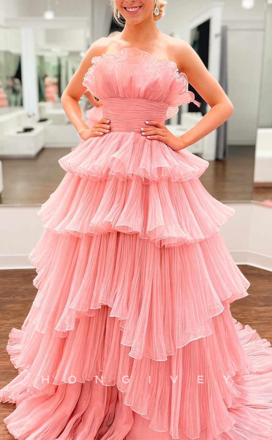 L Sexy Tulle Aline Strapless Sleeveless Empire Tiered With Train Party Prom Evening Dress