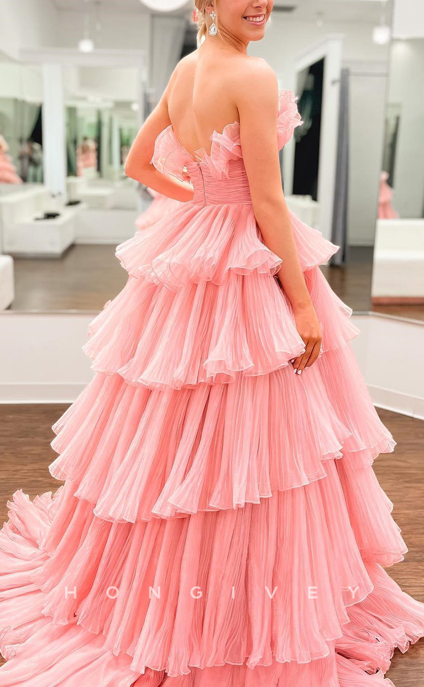 L Sexy Tulle Aline Strapless Sleeveless Empire Tiered With Train Party Prom Evening Dress