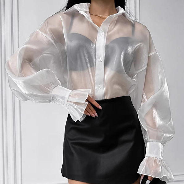 Spring Summer White Collared Sexy See through Yarn Shirt Ruffle Top White