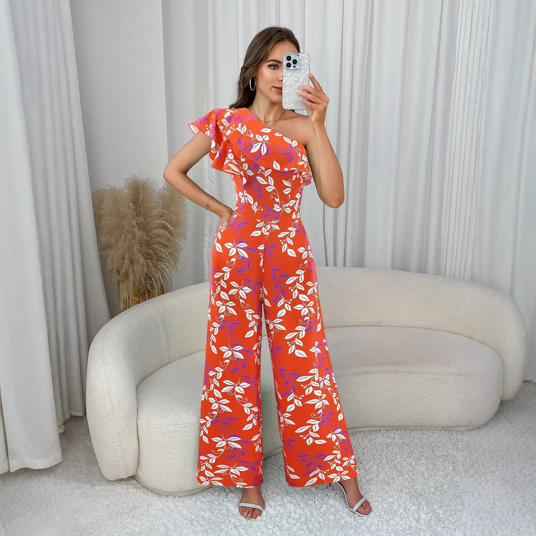 Women Clothing Jumpsuit Diagonal Collar Vacation Trousers Waist Tight Elegant Floral Pocket Jumpsuit