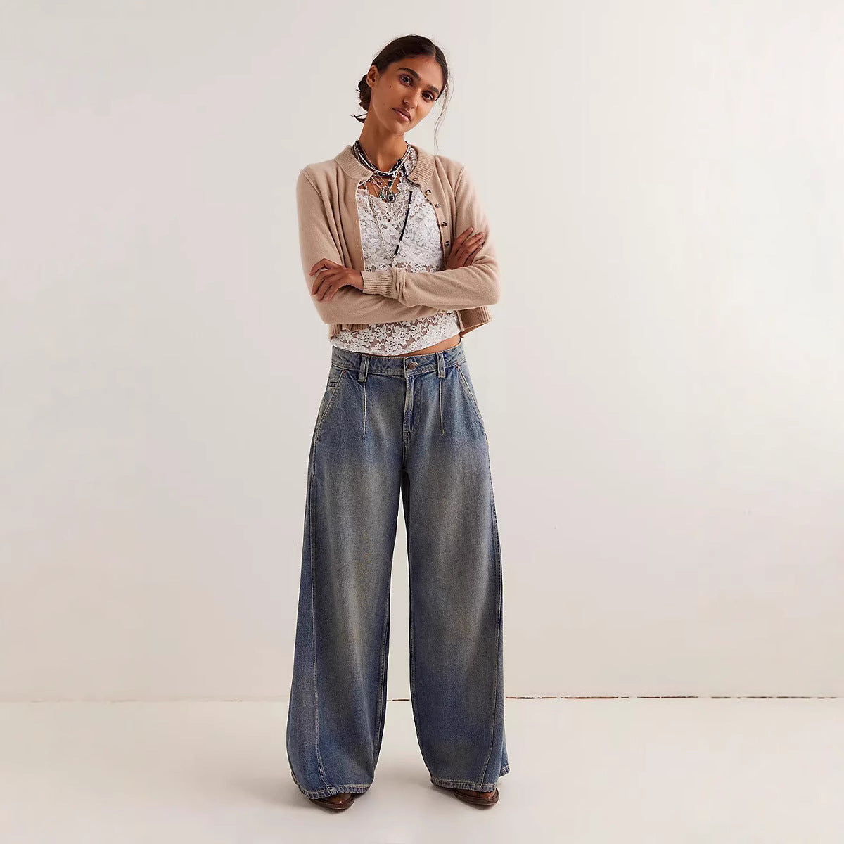 Wide Leg Jeans Tide Brand Women Clothing Washed Worn Loose Straight Long Pants