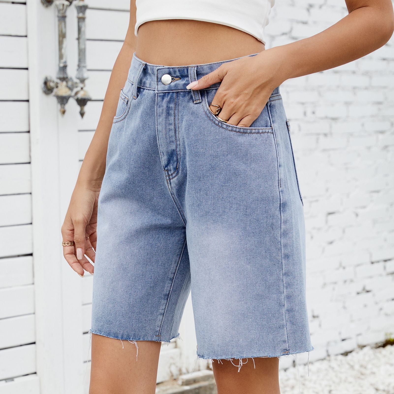 Summer Washed Straight Casual Edging Denim Shorts Women Blue