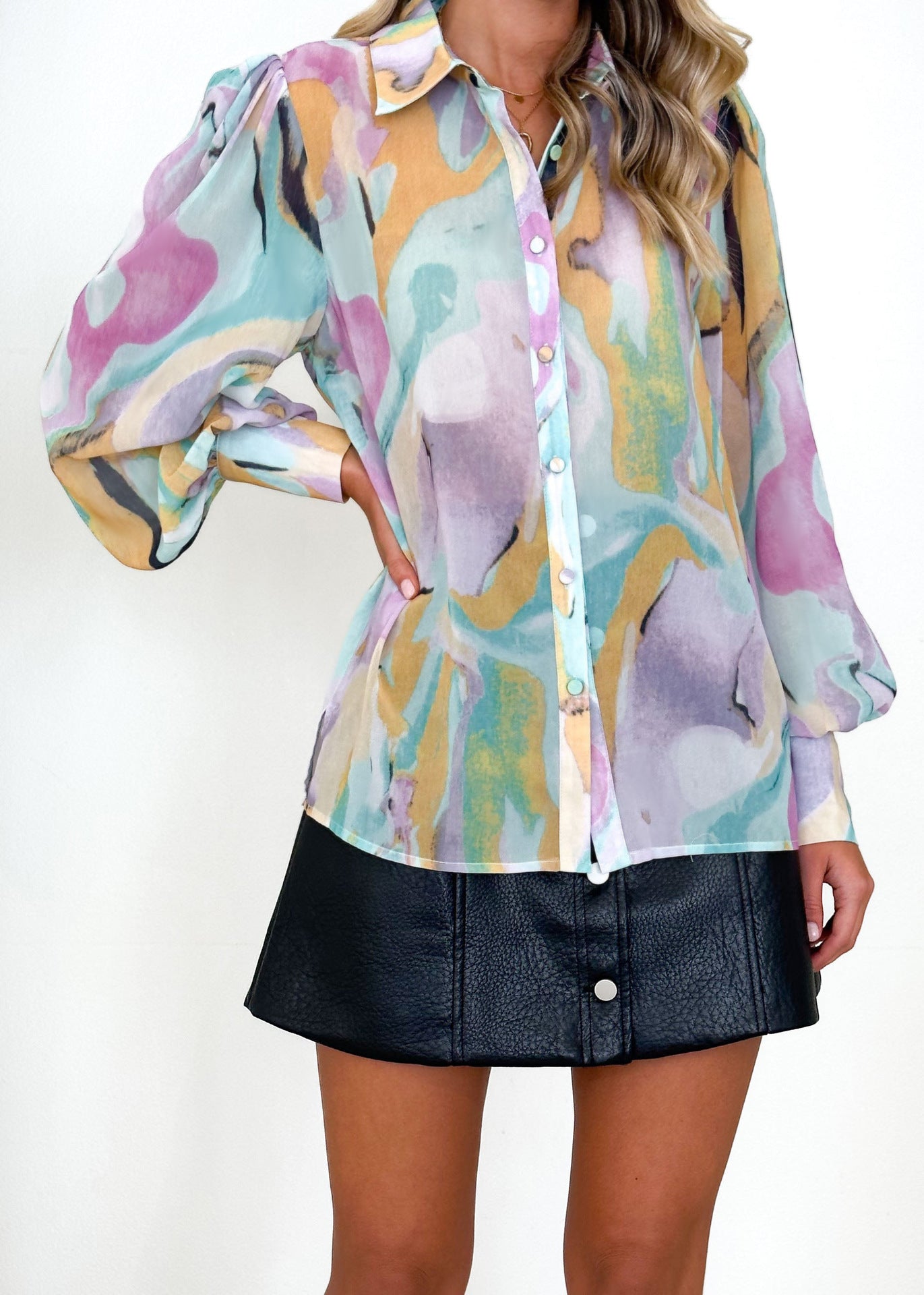 Winter Printing Collared Best Seller Casual Women Long Sleeved Shirt Yellow and Purple Printing