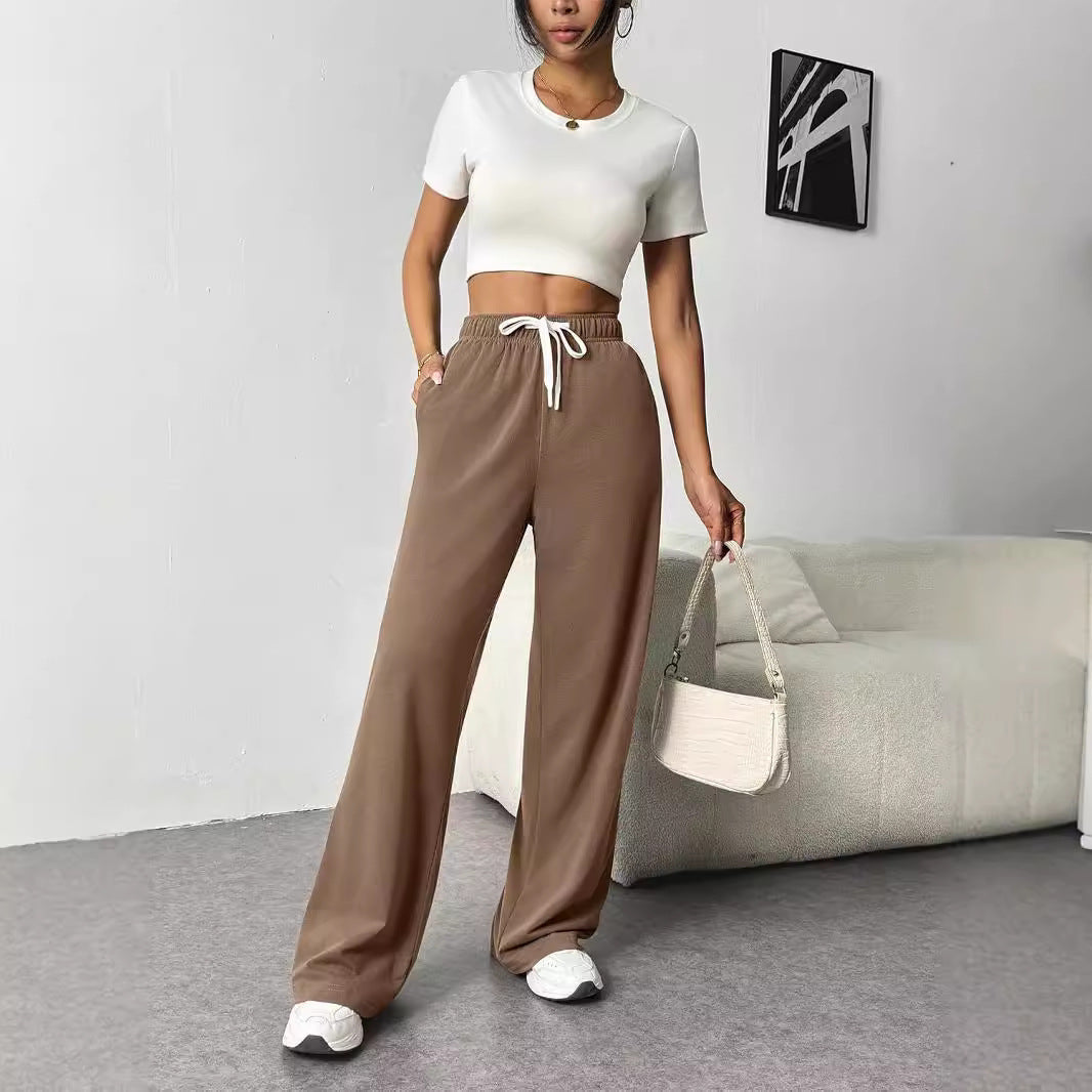 Women Autumn Winter Wide Leg Track Pants High Waist Loose Casual Drawstring Fitness Pant Belt Pocket