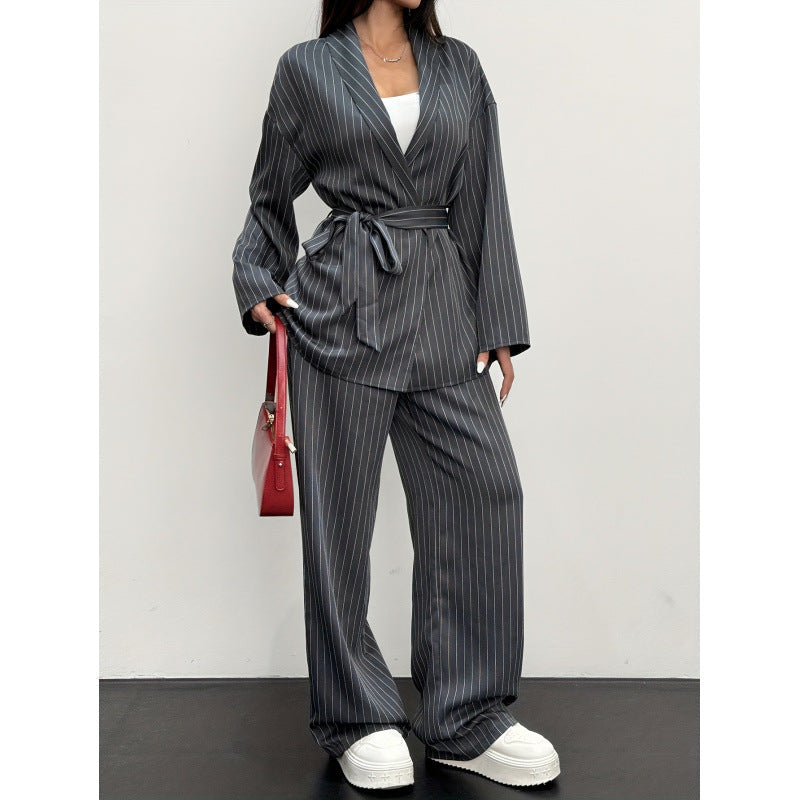 Women Clothing Cardigan Long Sleeve Shirt Wide Leg Trousers Striped Casual Two Piece Set Stripe