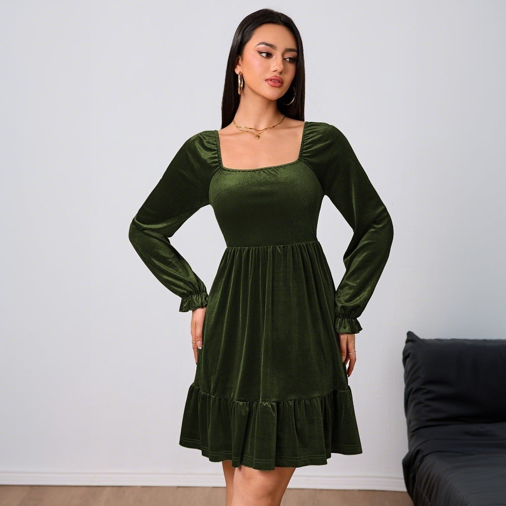 Women Clothing French Velvet Wine Red Dress Autumn Winter Midi Dress Army Green