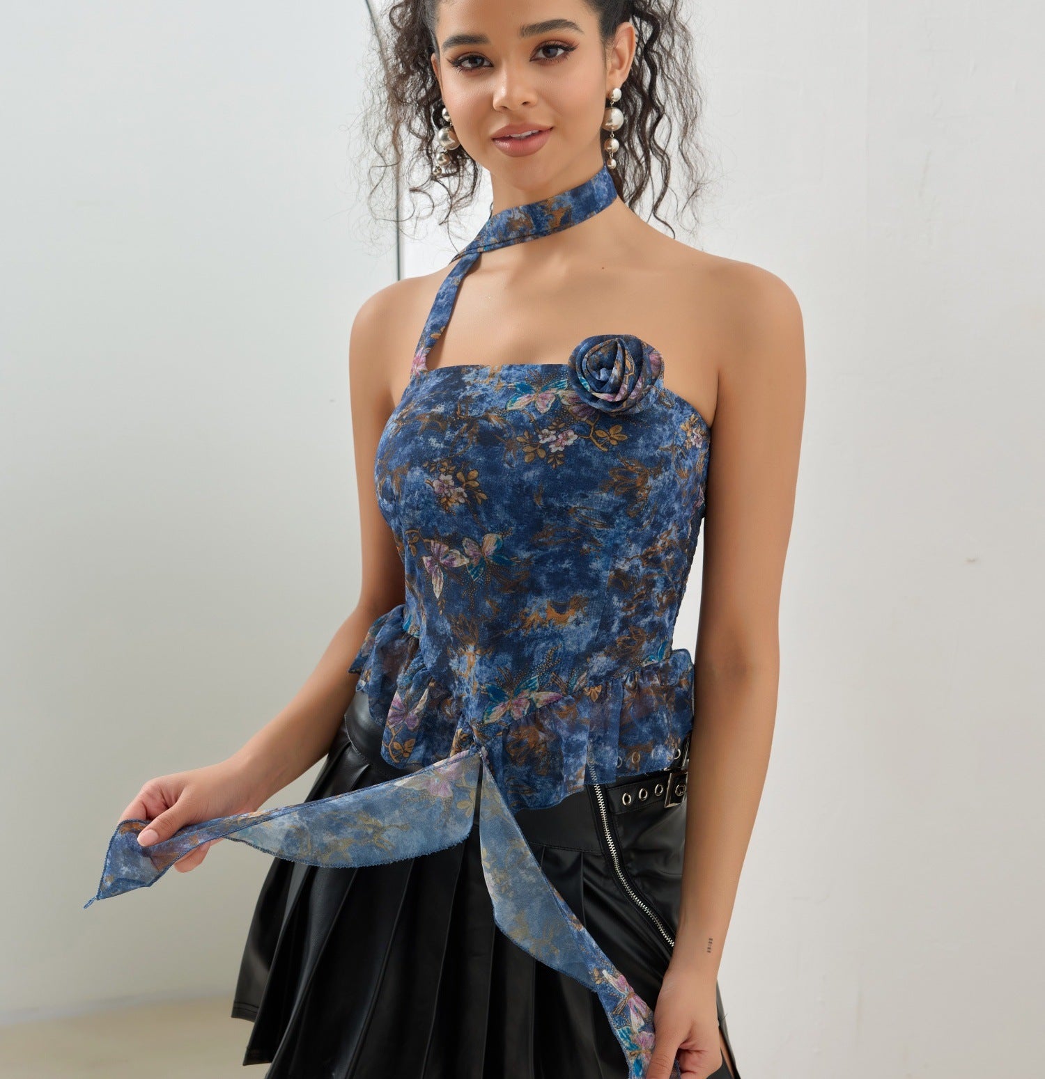 Summer Sexy Three Dimensional Floral Tube Top Ruffled Sexy Short Ribbon Vest Blue