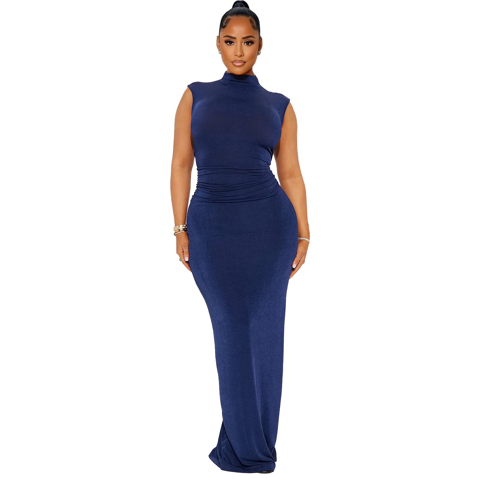 Women Clothing Goods Half Turtleneck Pleated Waist Slimming Sleeveless High Elastic Maxi Dress Blue