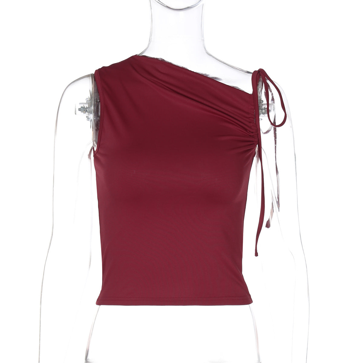 Women Clothing Winter Personality Diagonal Collar Drawstring Lace Sleeveless Pleated Cropped Top Burgundy