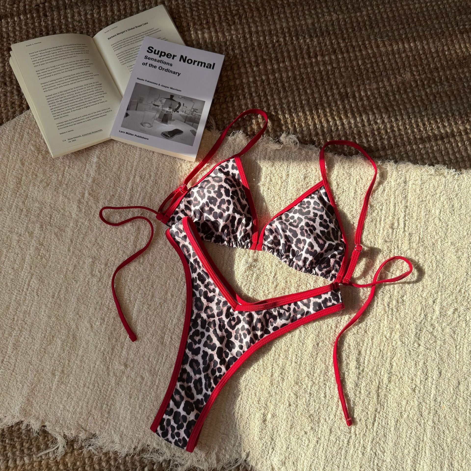 Women Split Leopard Print Printed Sexy Swimsuit Women Triangle Bandage Swimsuit Bikini Red