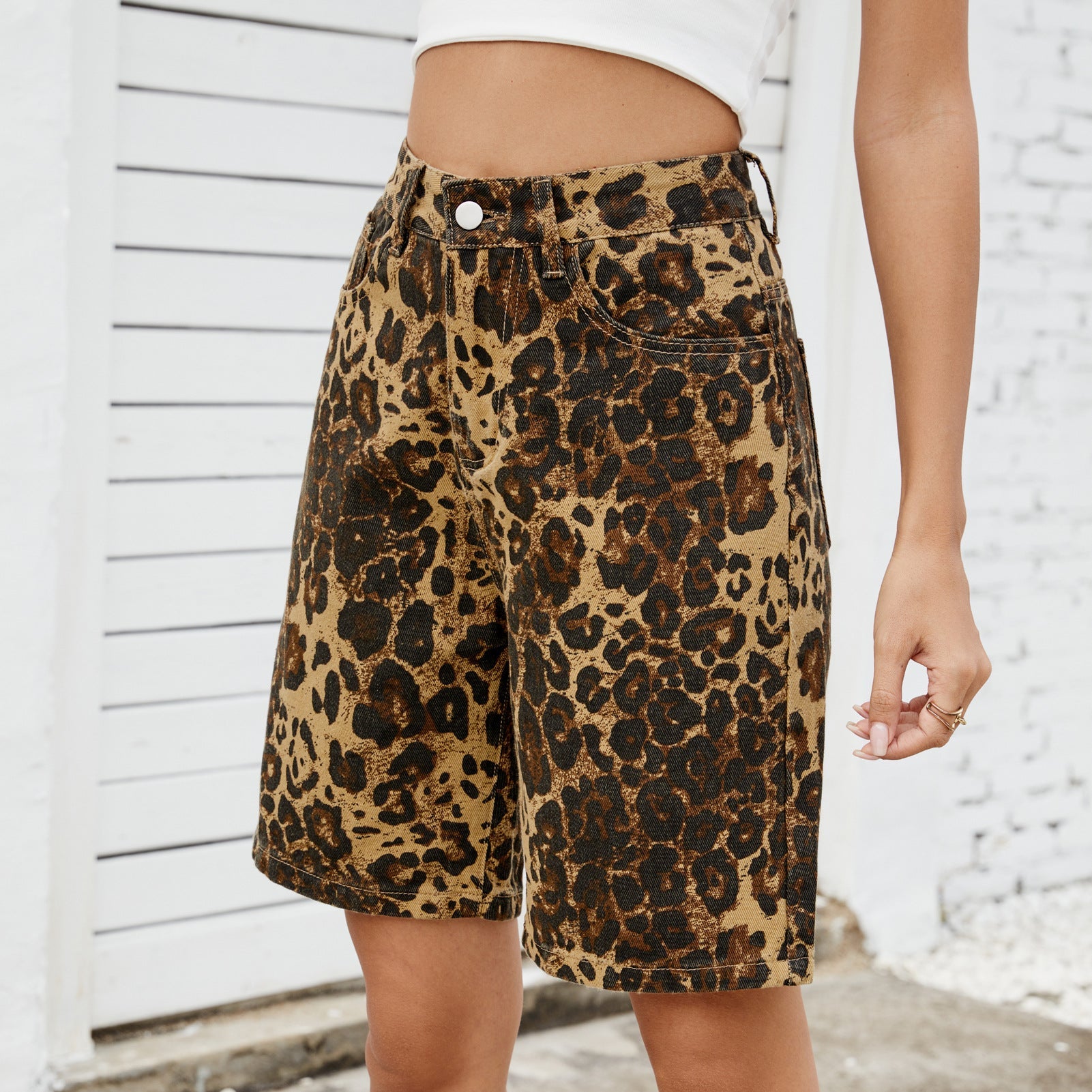 Summer Washed Casual Retro Leopard Print Slim Fit Denim Shorts