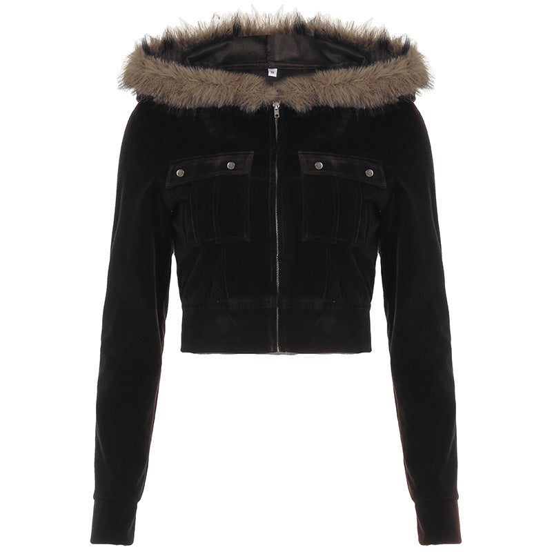 Women Fur Stitching Hooded Zip Cardigan Pocket Design Jacket Autumn Winter Solid Color Sexy Velvet Coat Black