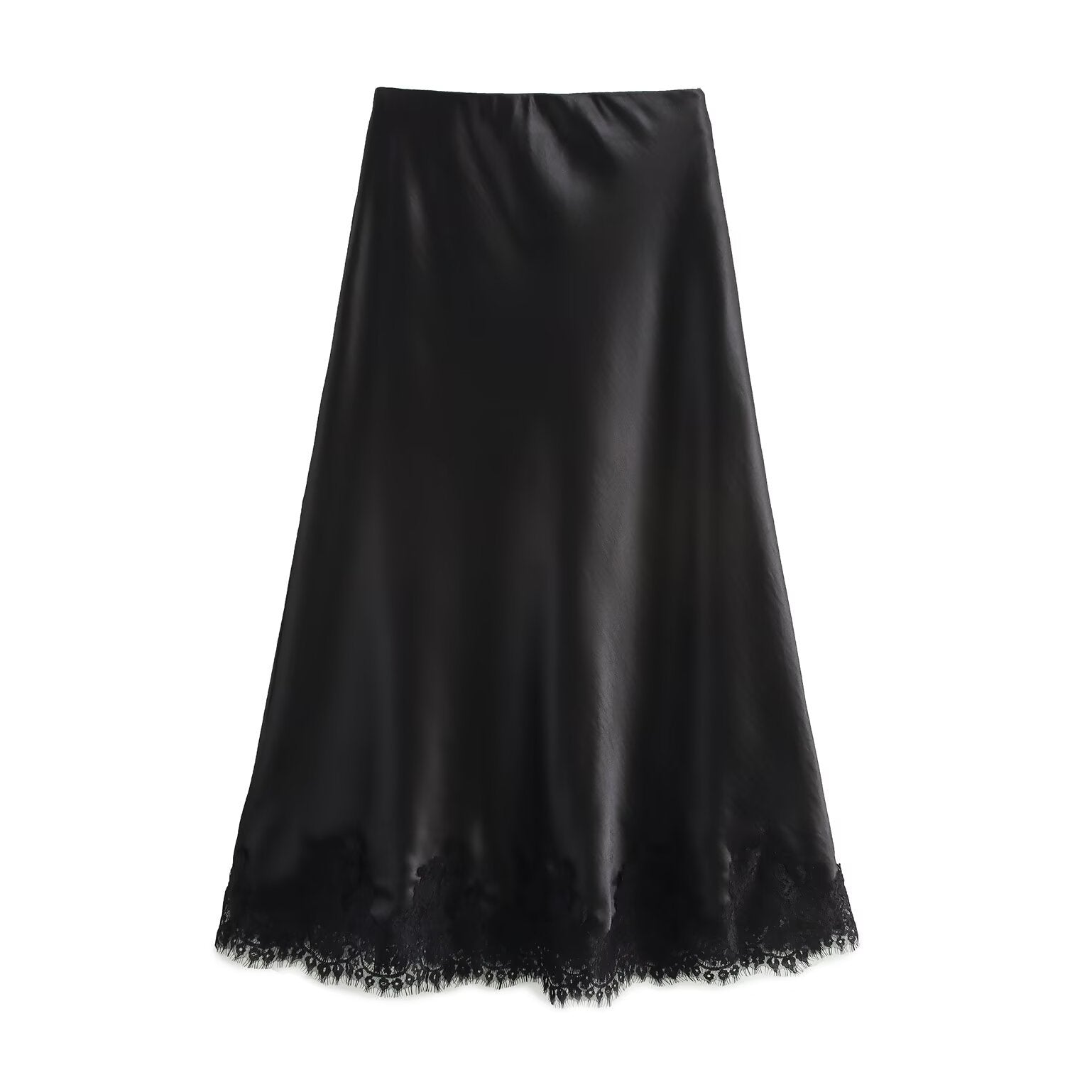 Women Clothing Manufacturers 5 Color Lace Stitching Satin Fabric Midi Skirt Black