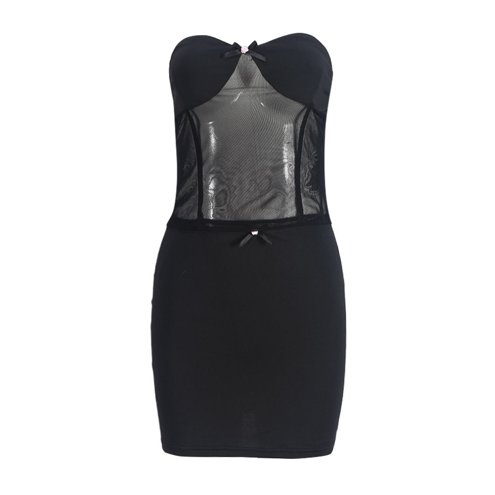 Women Clothing Chest Wrapped Skirt Fashionable See through Sexy Patchwork Two Piece Sets Women Black