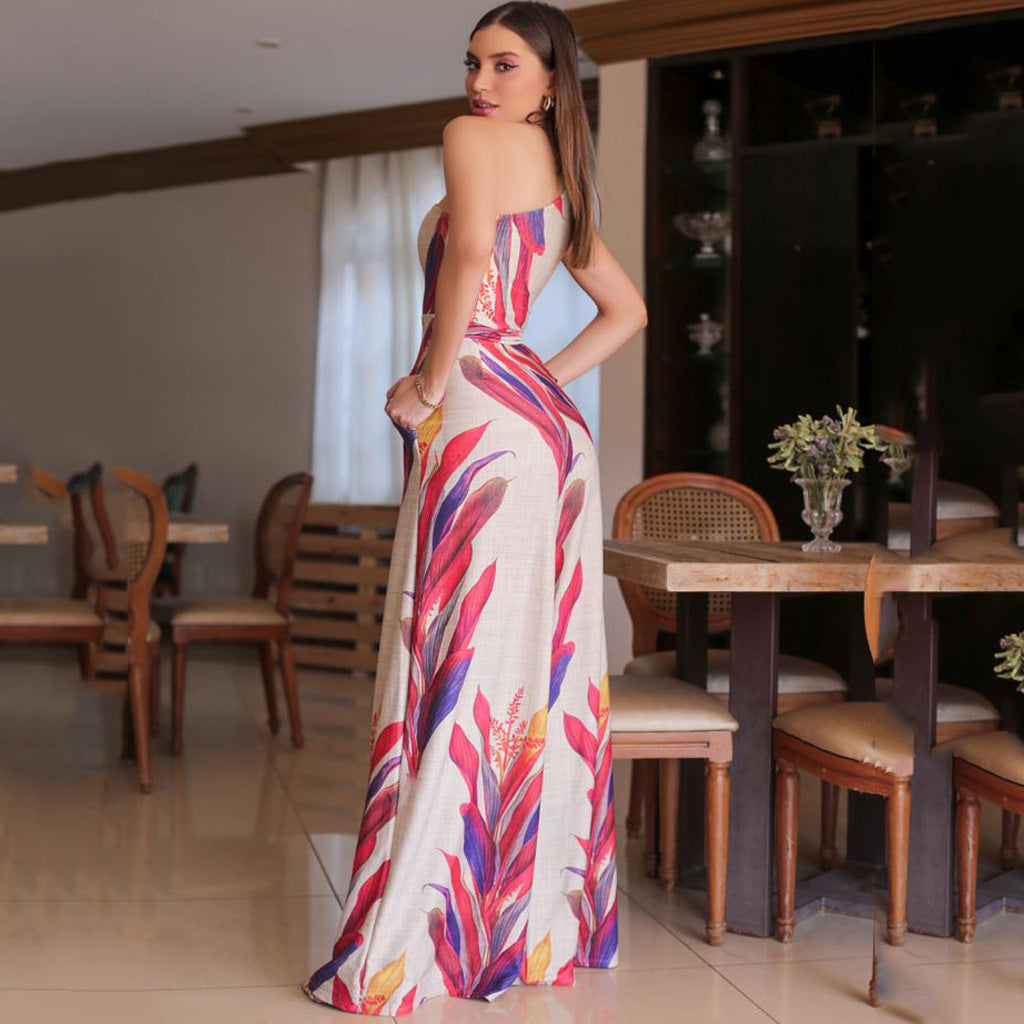 Women Clothing One Shoulder Printed Sleeveless Dress Sexy Slim Fit Maxi Dress Women Spring Multi