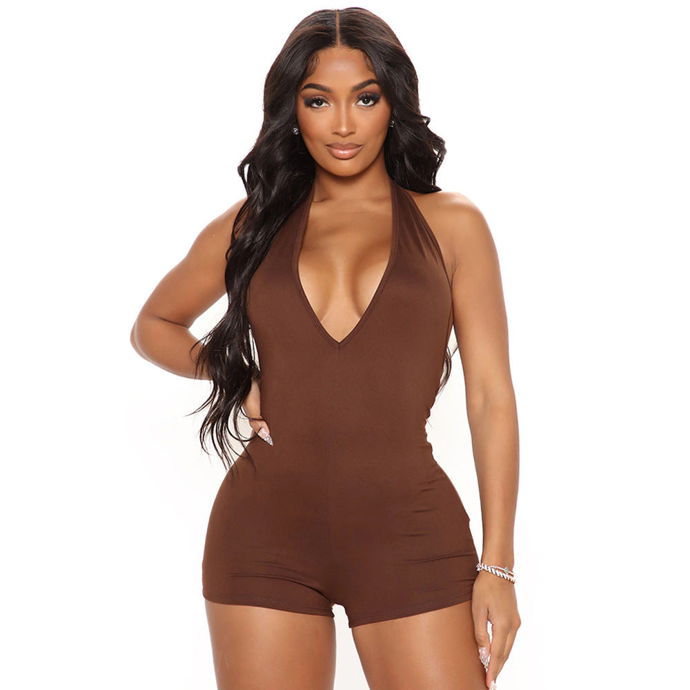 Summer Women Clothing Sexy V neck Tight Halter Backless Jumpsuit Brown