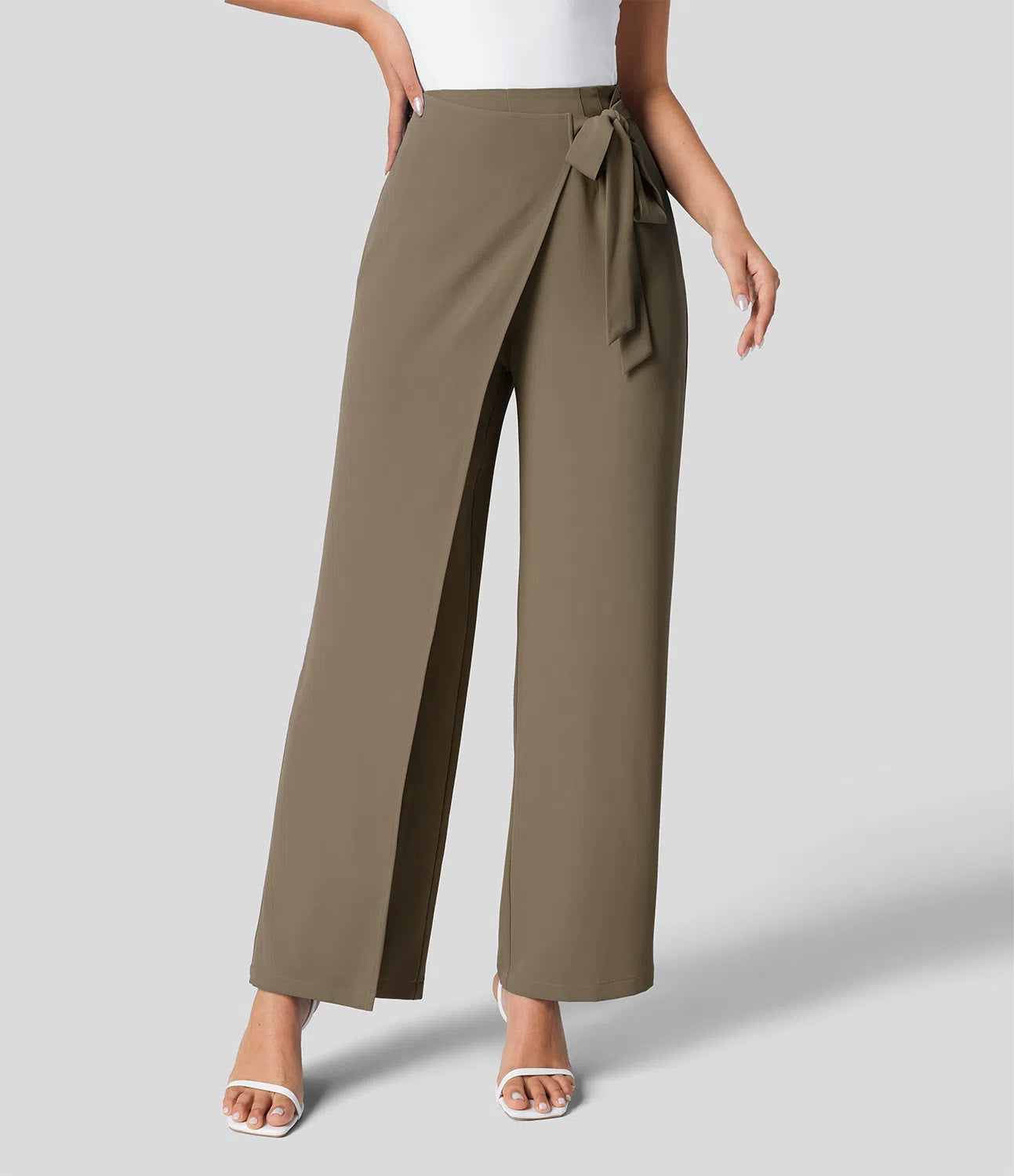 Workwear Women Work Pant Casual Texture Wide Leg Professional Trousers Belt Pants Brown