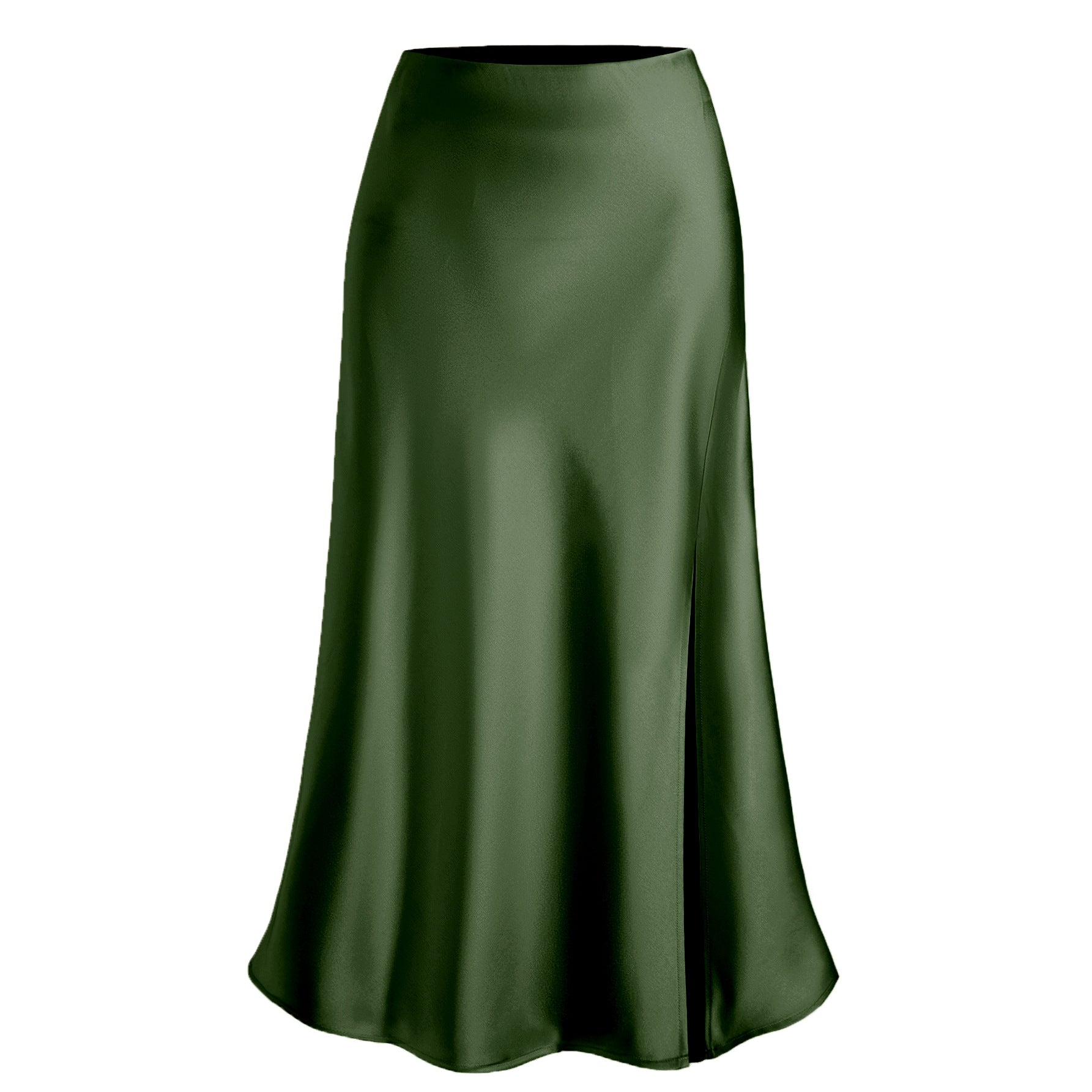 Women Clothing Satin Skirt High Waist Elastic Oblique Slit Long Skirt Sexy Hip Skirt Army Green