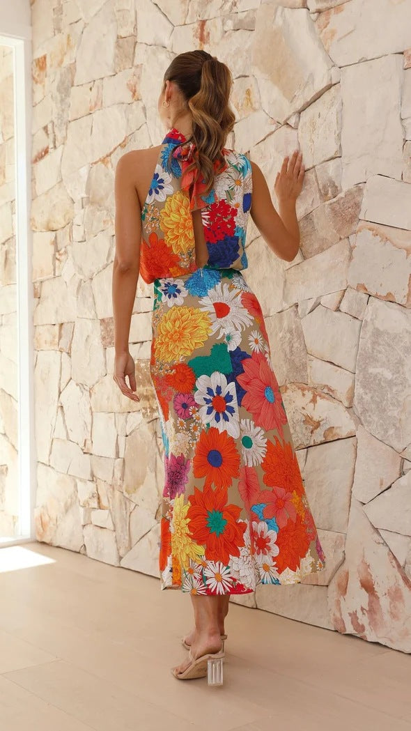 Vacation Fashionable Printed Halter Sleeveless Waist Tight Dress