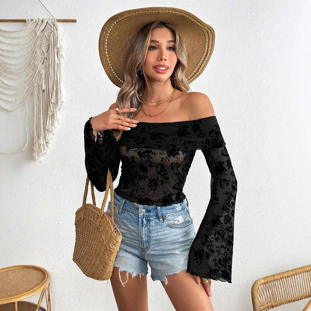 Women Knitted Mesh Flocking Floral Print off the Shoulder Flared Sleeves Slim T shirt Top Women