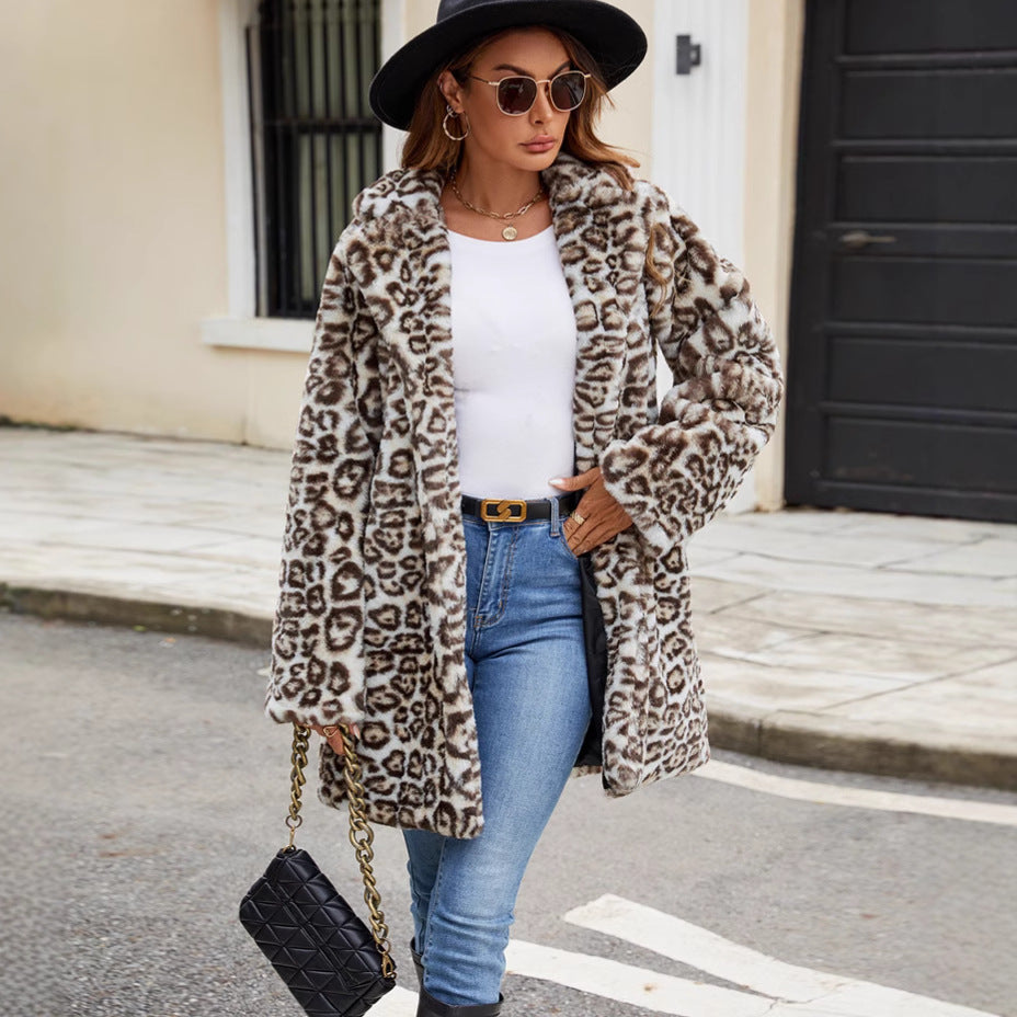 Warm Women Faux Fur Overcoat Plush Coat Cold Proof Imitation Fox Leopard Print Large