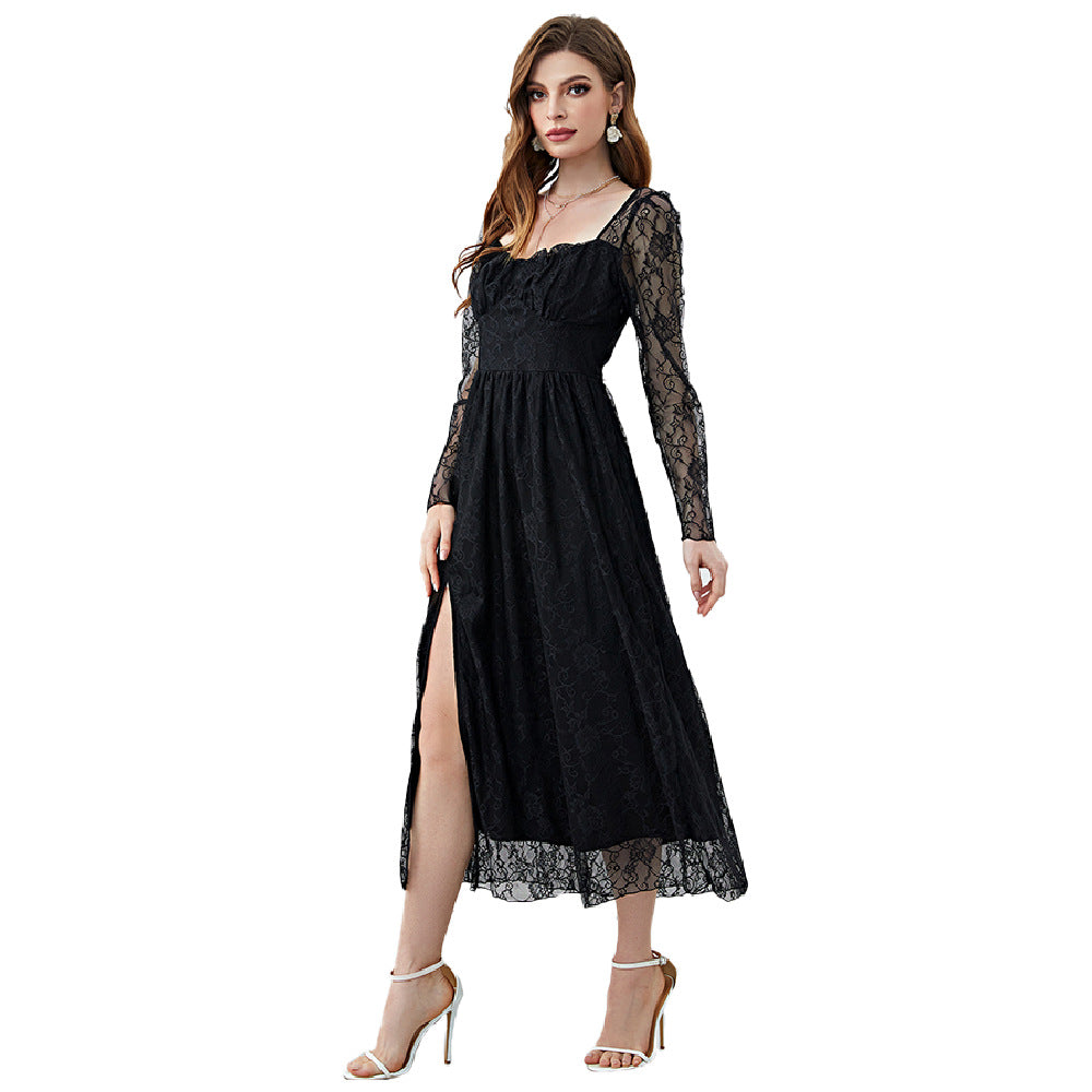 Women Clothing Spring Summer Lace Square Collar High Slit Dress XS Black