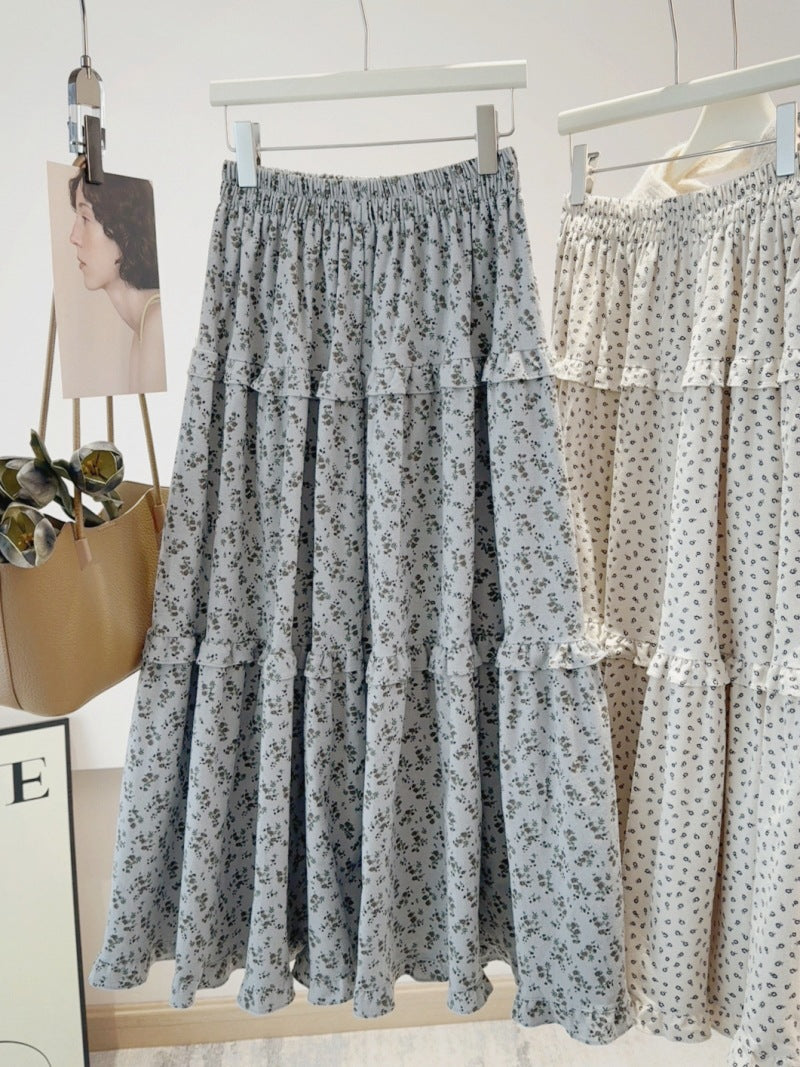 Vintage Small Floral Tiered Skirt Women Autumn Winter Mid Length High Waist Slimming Cover A line Umbrella Skirt One Size Gray