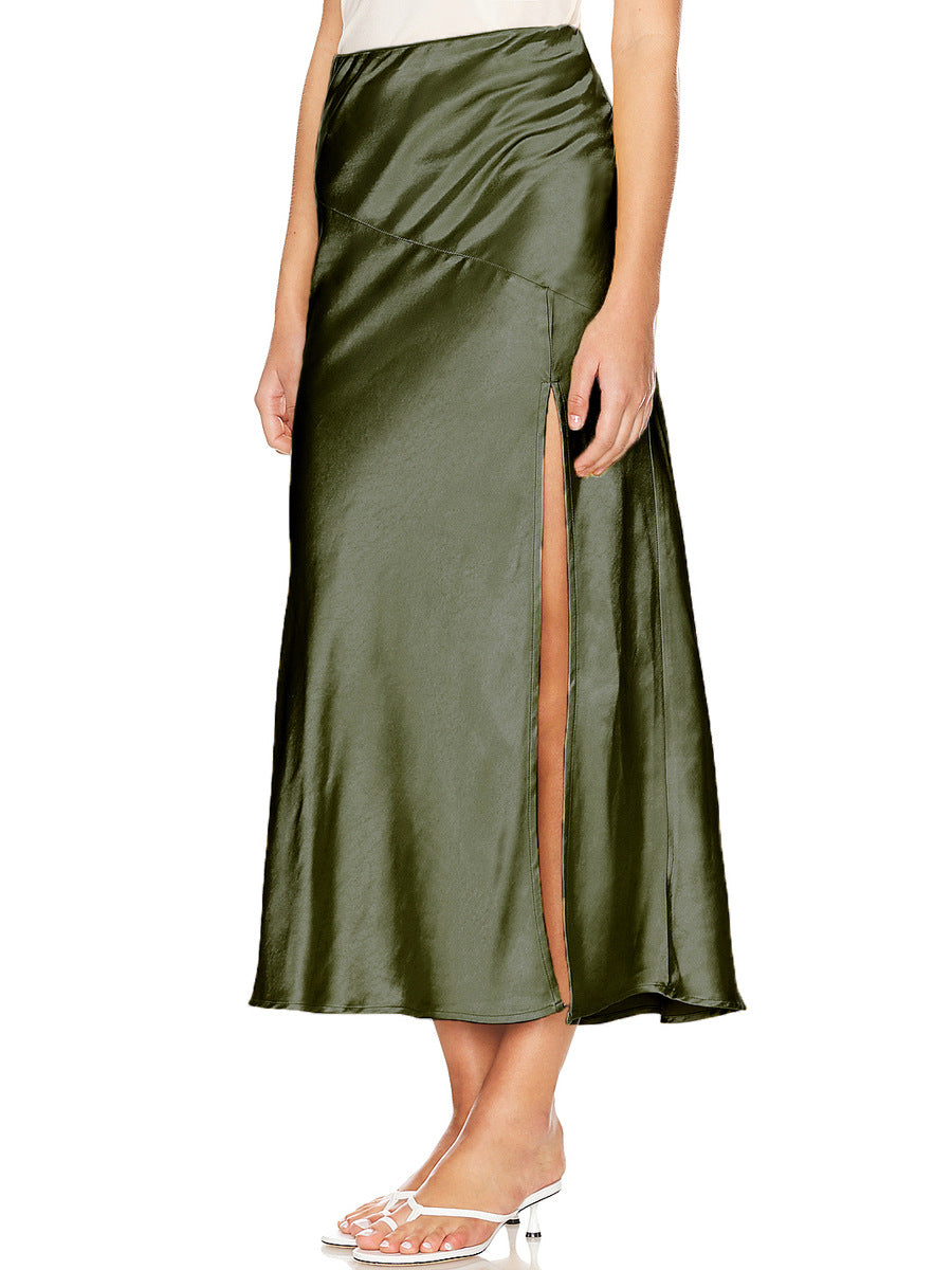 Women Satin Skirt High Waist Elastic Split Long Skirt Sexy Patchwork Hip Skirt for Women Army Green