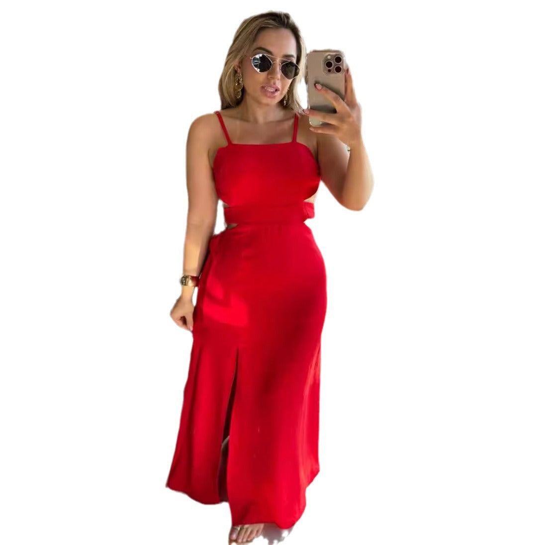 Women Solid Color Sleeveless Split Hip Strap Backless Dress Red