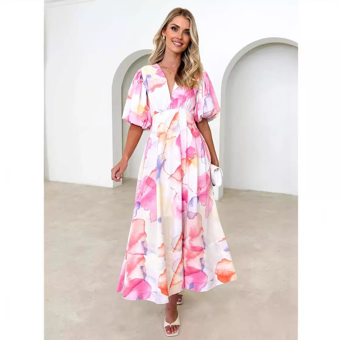 Summer V Neck French Printed Puff Sleeve Casual Holiday Dress Women