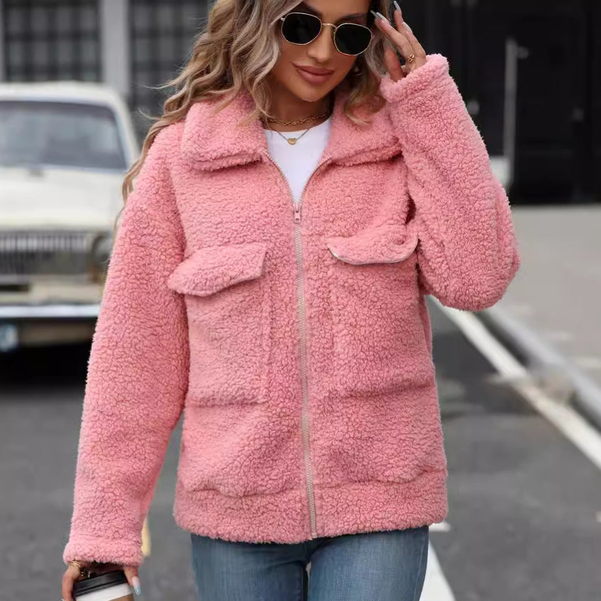 Women Clothing Autumn Winter Loose Lapels Large Pocket Zipper Plush Coat