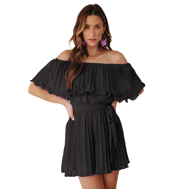 Summer Sexy Casual Vacation off Shoulder Pleated Backless Short Sleeve Jumpsuit Black