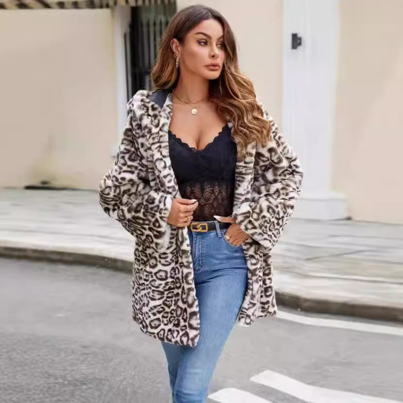 Women Faux Fur Winter Coat White Leopard