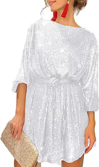 Summer Sequined Round Neck Long Sleeve Casual Loose Beaded Dress Silver