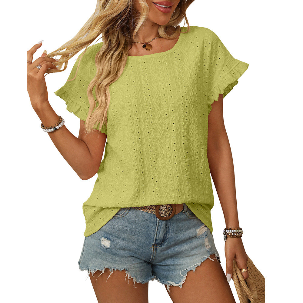 Women Clothing Spring Summer Solid Color round Neck Sweet Girl Short Sleeve T shirt Hollow Out Cutout Top Mustard Yellow