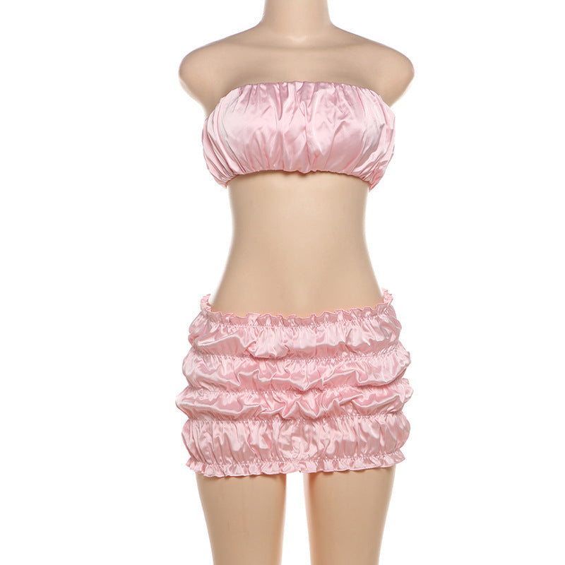 Summer Women Clothing Sexy Sexy Short Tube Top Ruffle Hip Short Skirt Two Piece Set Pink