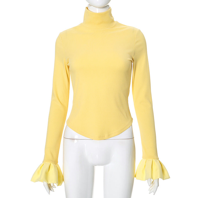 Women Clothing Solid Color Turtleneck Ruffled Long U Shaped Hem Elegant Short Top Yellow