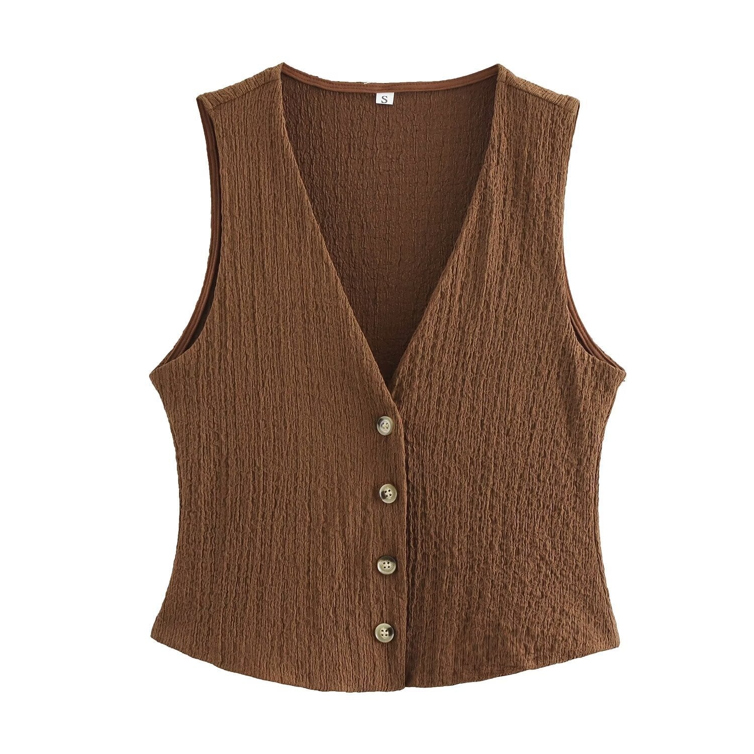 Women Texture Single Breasted Vest Jacket High Waist Straight Leg Pants Casual Two Piece Sets Brown Top