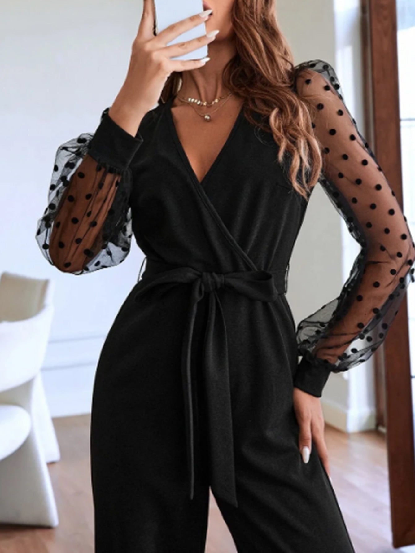 V neck Women Lace Long Sleeve Jumpsuit Belt Straight Leg Pants Elegant Women Clothing Black