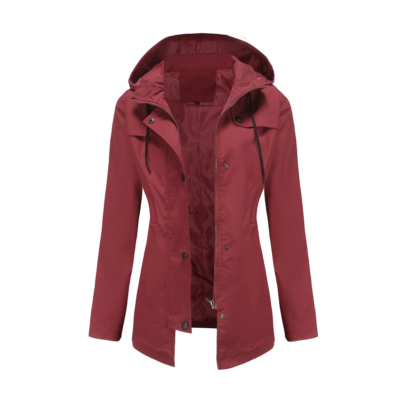 Windbreaker Women Women Mid Length Cardigan Hooded Coat Outdoor Raincoat Burgundy