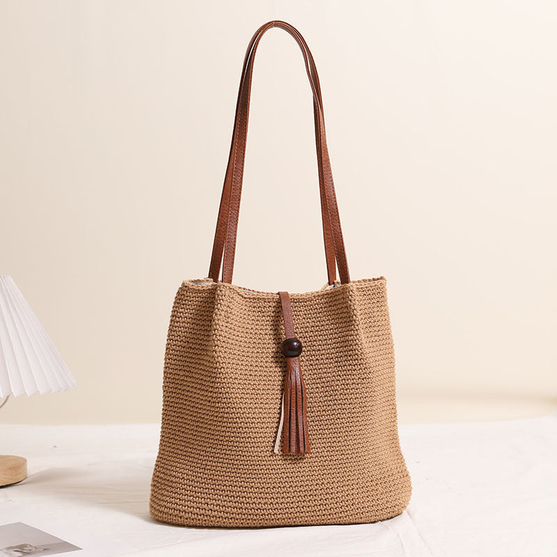 Wooden Bead Tassel Shoulder Cotton Thread Woven Bag Pleated Straw Bag Vacation Beach Bag Women Bag One Size Coffee