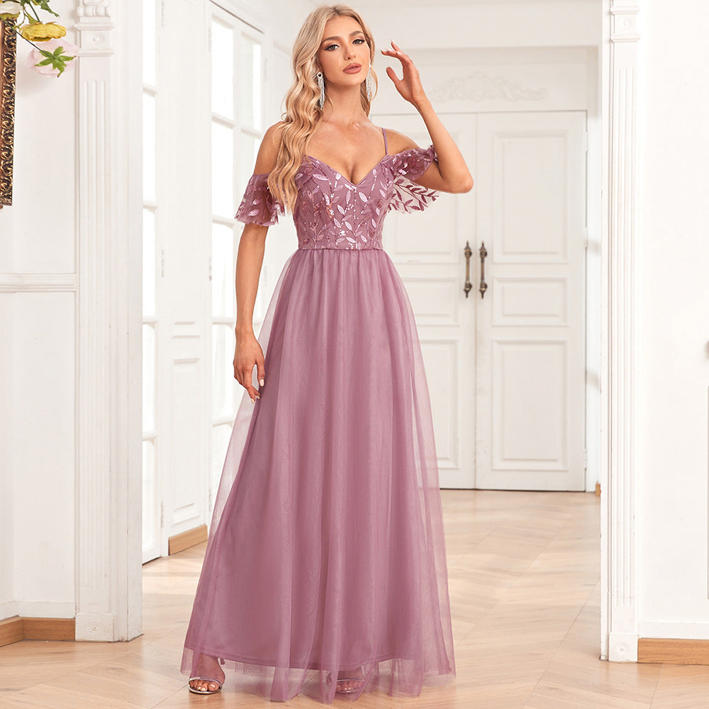 Women Elegant Off The Shoulder Strap Sleeve Double V Neck Tulle Stitching Embroidered Sequ A Swing Long Party Evening Dress Pink