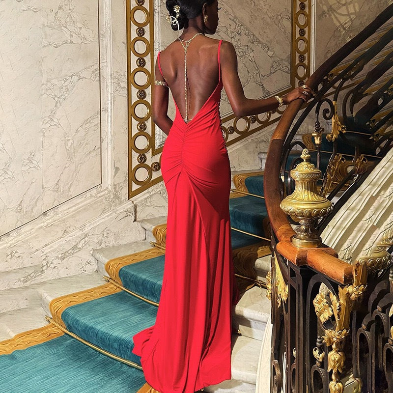 Women Clothing Camisole off Neck Sexy Backless Slim Fit Maxi Dress Red